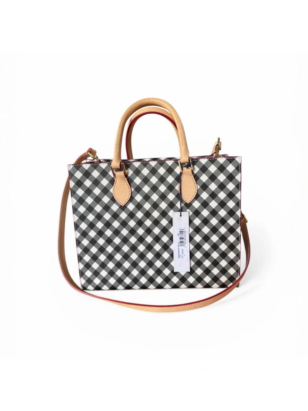 Dooney & Bourke Black and White Gingham Satchel with Tan Trim